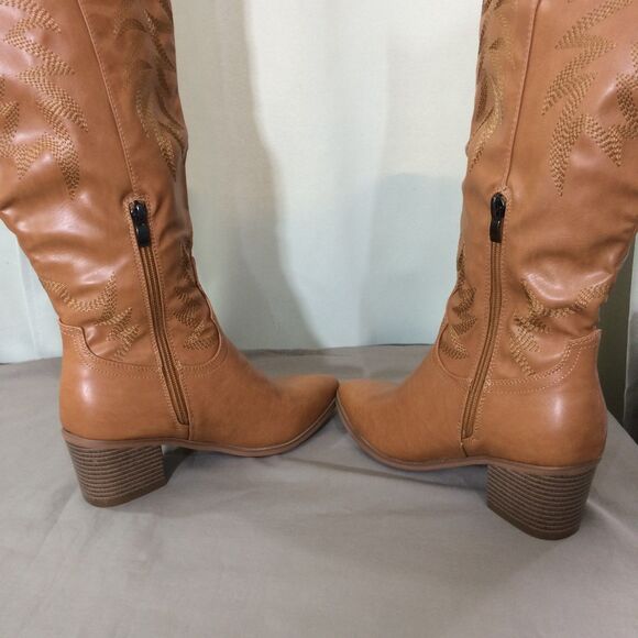 NEW Brown Cowboy Boots Faux Leather Size 8 Western Tall Pointed Toe Zip - Picture 5 of 8